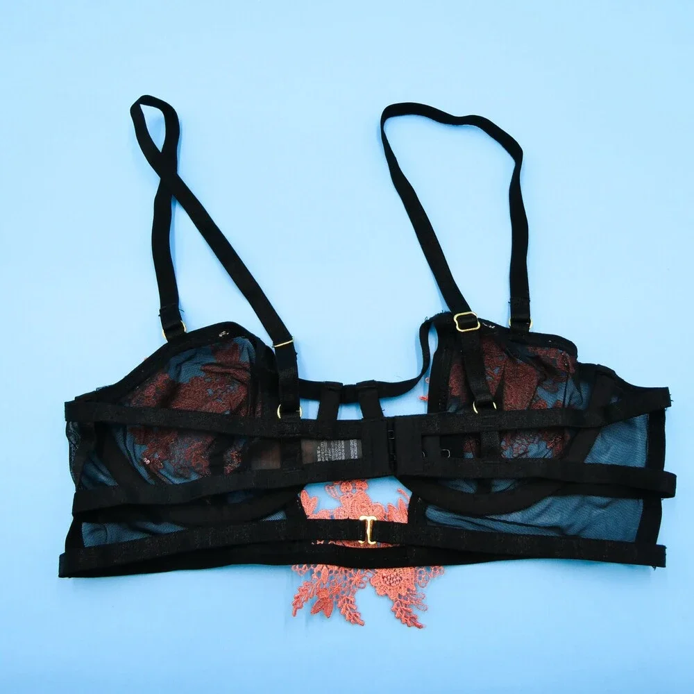 Bluebella 32B Lingerie Bra Semi‎ Transparent Mesh Black Balconette Orange Floral